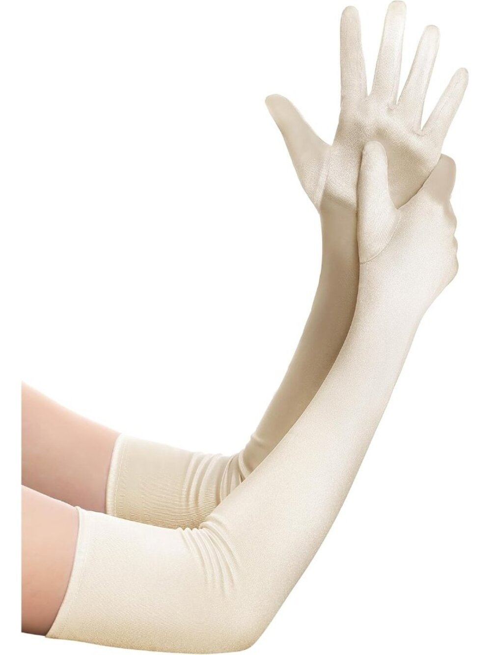 Women Champagne Satin Elbow Long Length Opera 1920s Wedding Bridal Shower Gloves